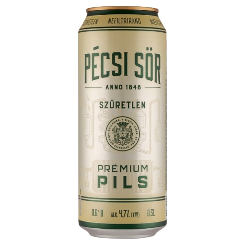 Pécsi Sör Prémium Pils szűretlen minőségi világos sör 4,7% 0,5 l