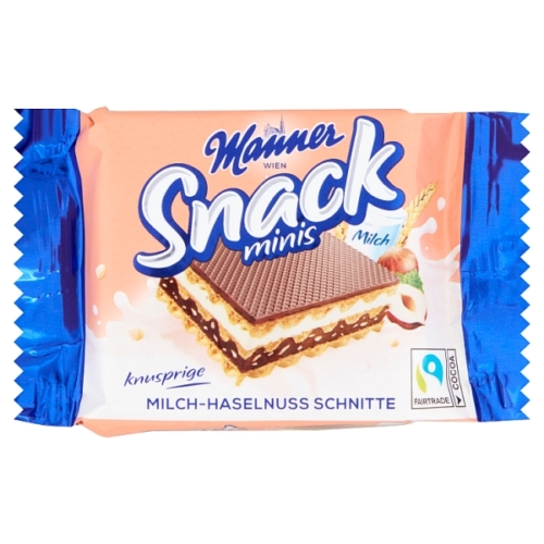 MANNER SNACK MINIS ROPOGÓS OSTYASZELET MOGYORÓS ÉS TEJES KRÉMMEL TÖLTVE KAKAÓS BEVONÓMASSZÁBAN 25 G